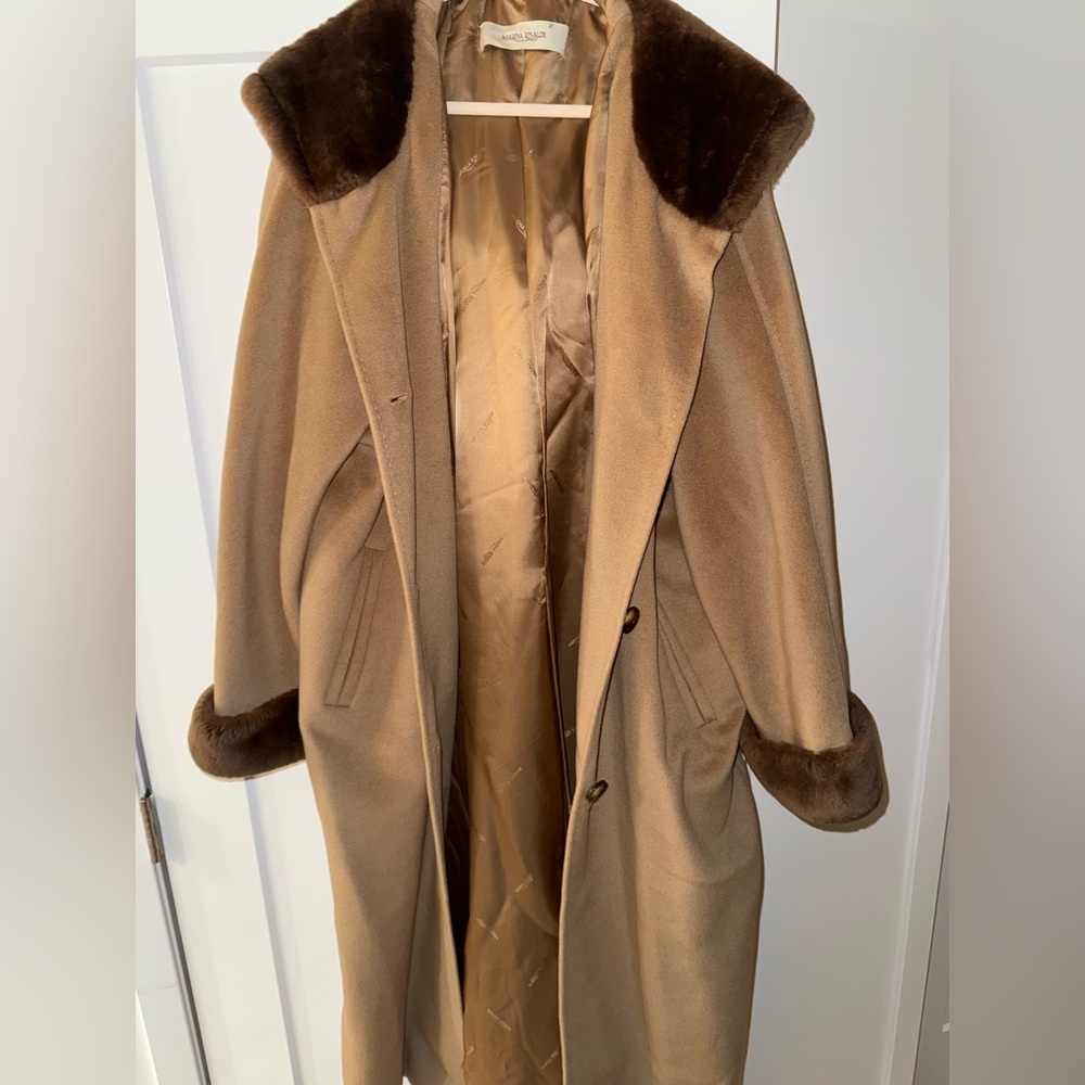 Marina Rinaldi Wool and Cashmere Camel Coat with Fur Trim and Hood